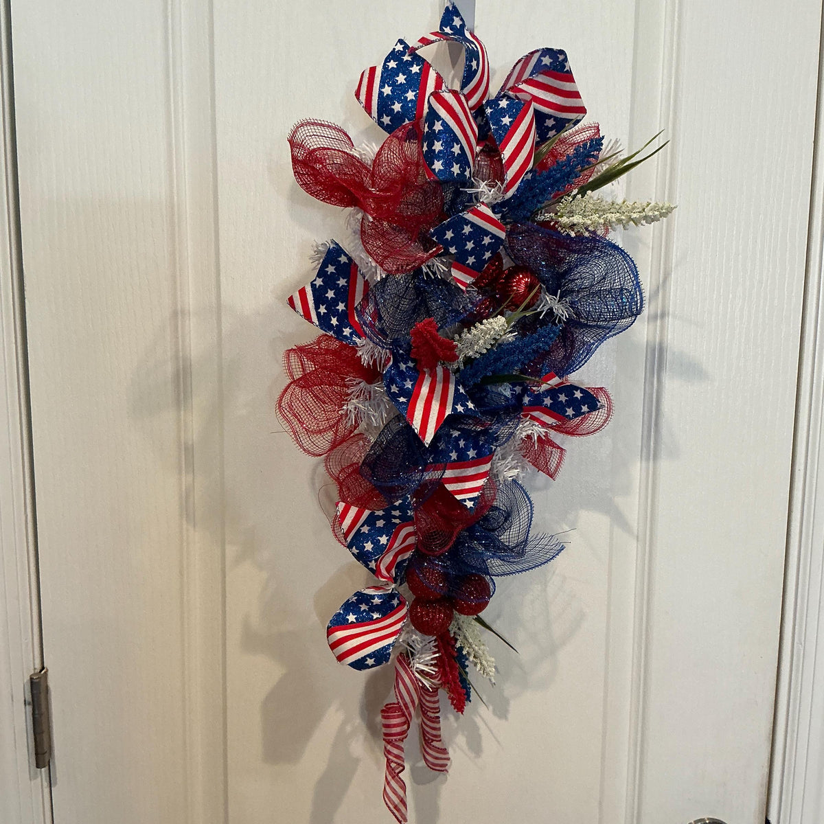 21 Inch Patriotic Teardrop Door Swag, Red White Blue Deco Mesh, Stars Stripes Ribbon