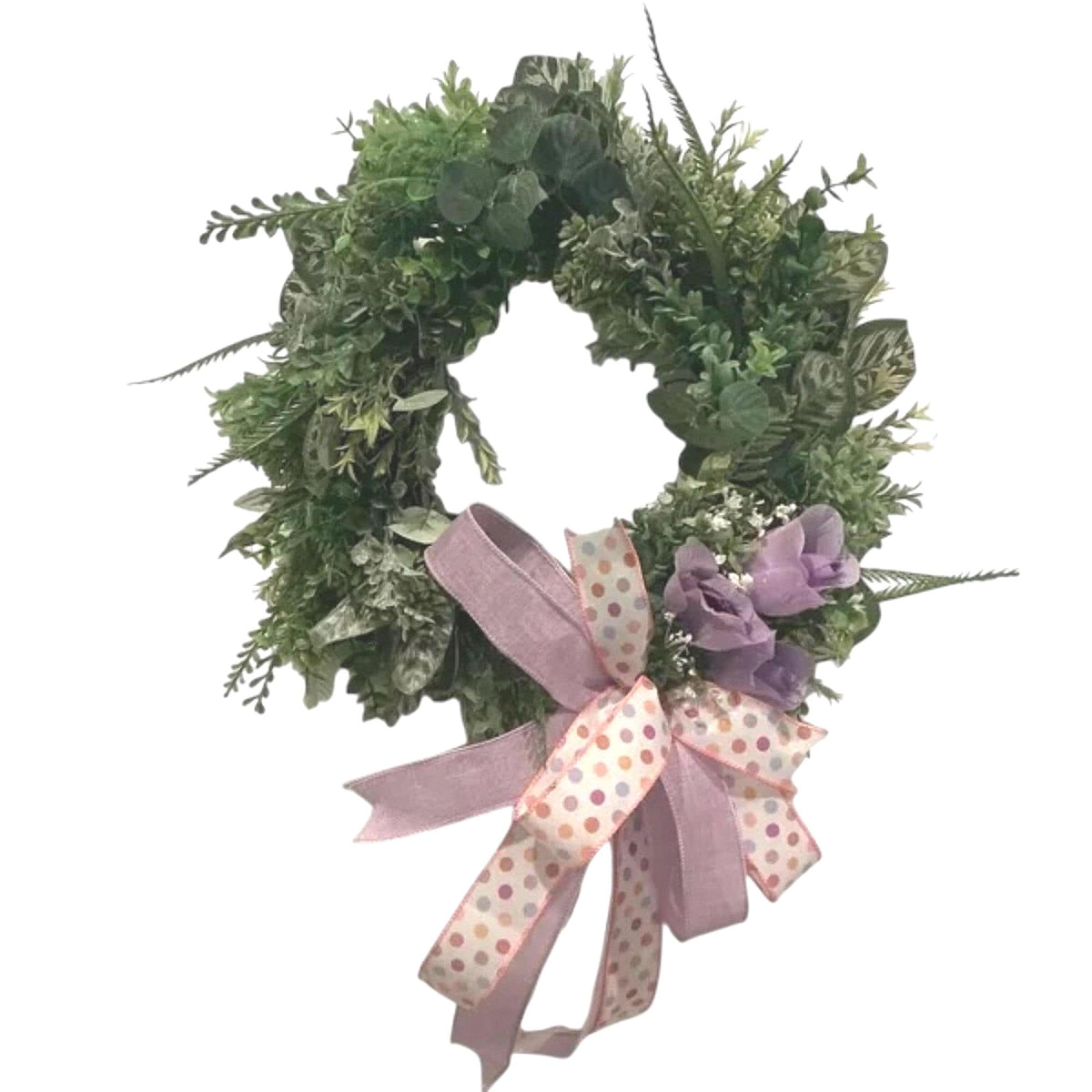 10 Inch Lavender Grapevine Wreath with Polka Dot Bow, Farmhouse Front Door Decor