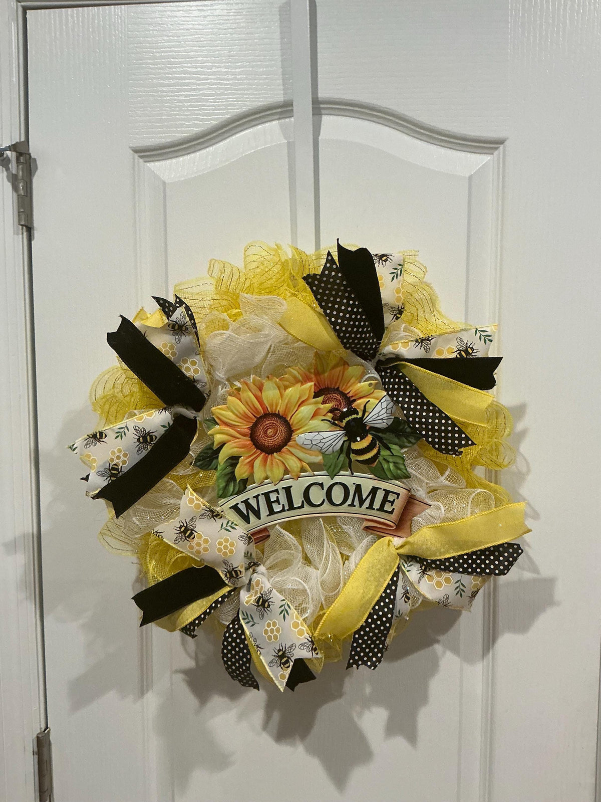 Sunflower Bee Wreath with Polka Dot Ribbon, Farmhouse Summer Front Door Decor