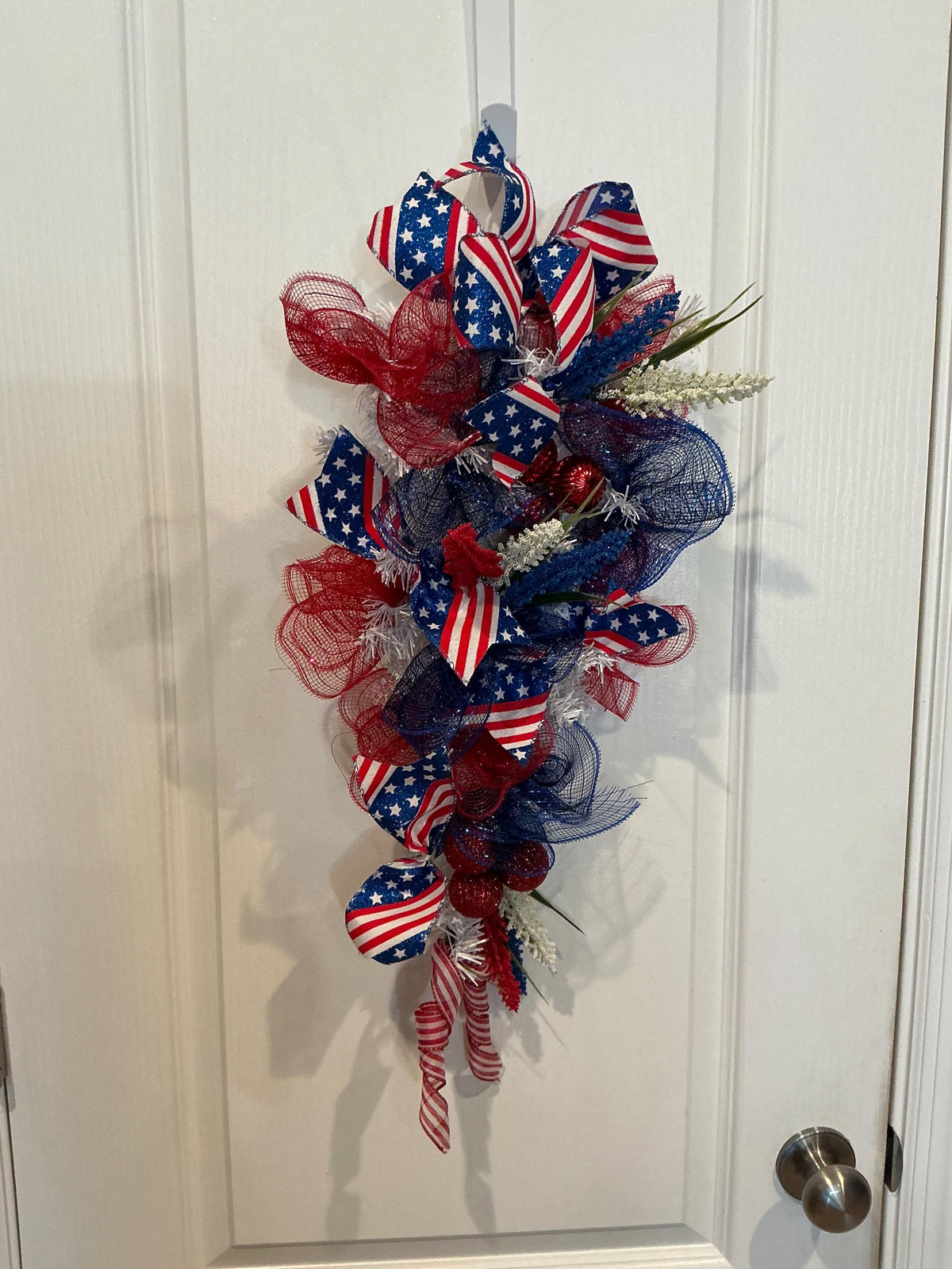 21 Inch Patriotic Teardrop Door Swag, Red White Blue Deco Mesh, Stars Stripes Ribbon