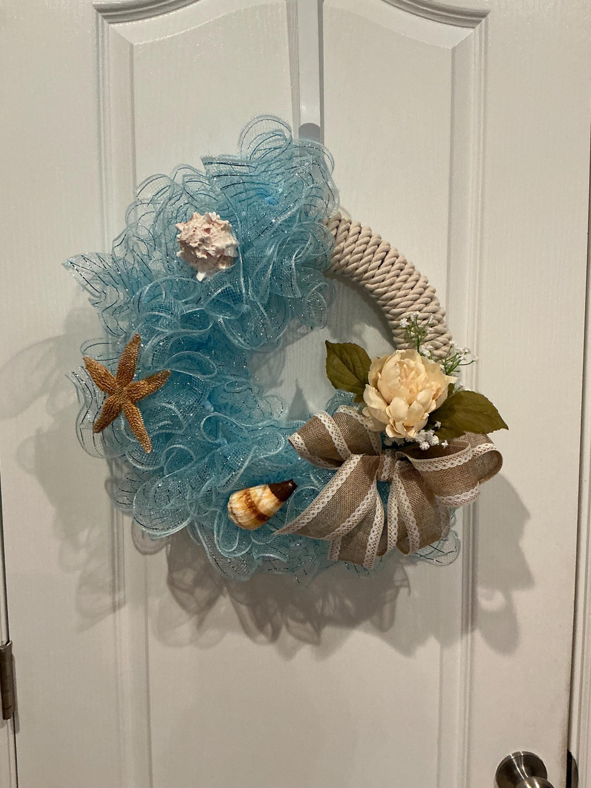 Coastal Beach Wreath with Seashells, Starfish, Rope, Burlap Bow – Front Door Decor