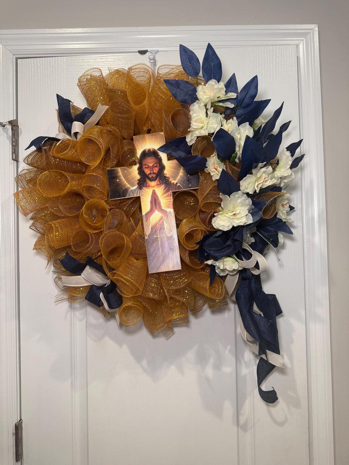 Sacred Heart of Jesus Wreath, Gold Mesh Cross Wreath, Navy Blue Religious Front Door Decor, Christian Faith Wreath, Catholic Gift Wreath