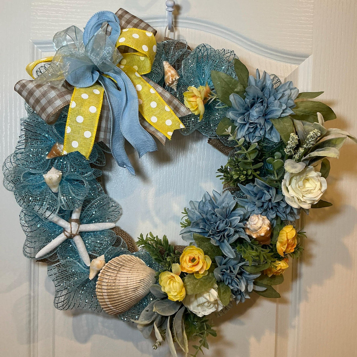 Heart Shaped Coastal Wreath with Dahlia, Ranunculus, Seashells and Starfish, Storm Door Decor