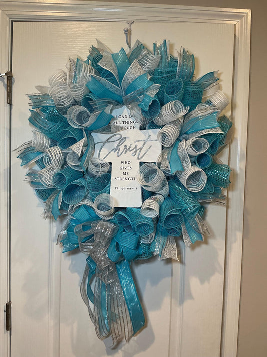 Philippians 4:13 Cross Wreath, Teal Silver Faith Scripture Decor, Christian Church Gift