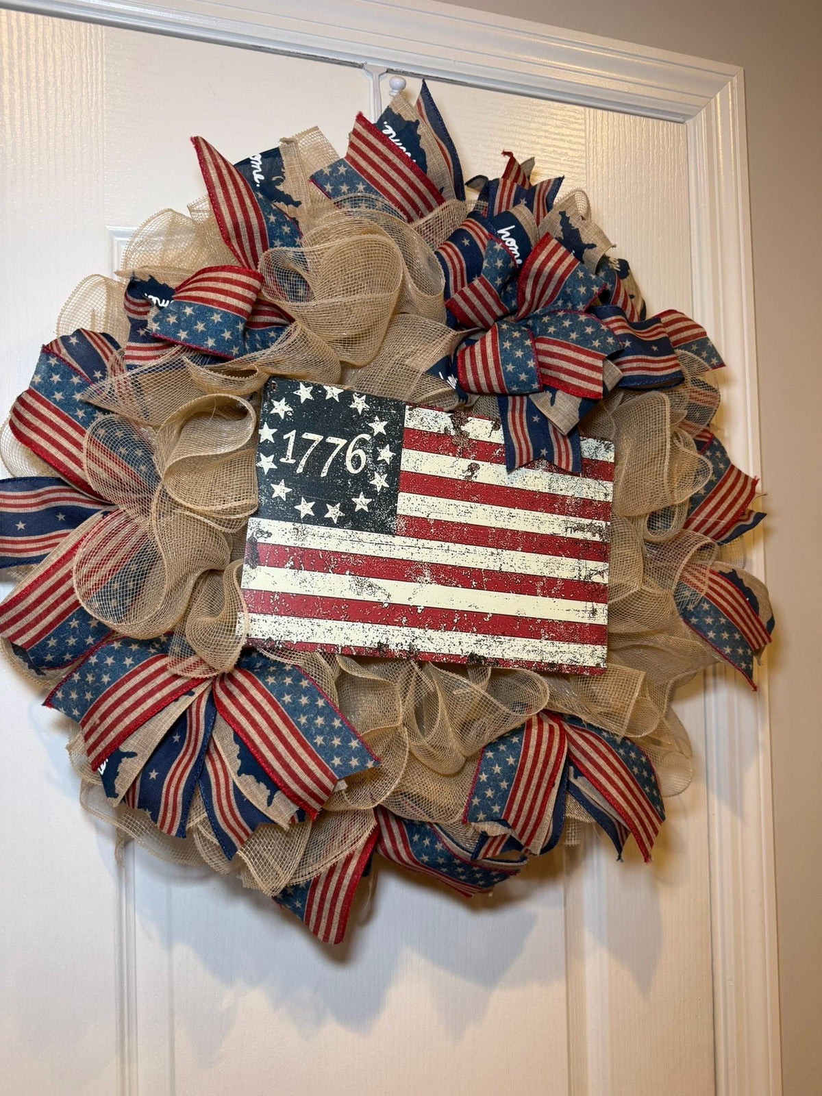 Betsy Ross Flag Wreath, Burlap Front Door Decor, Fourth of July Red White Blue, Memorial Day, Rustic Farmhouse Decor, Handmade NC