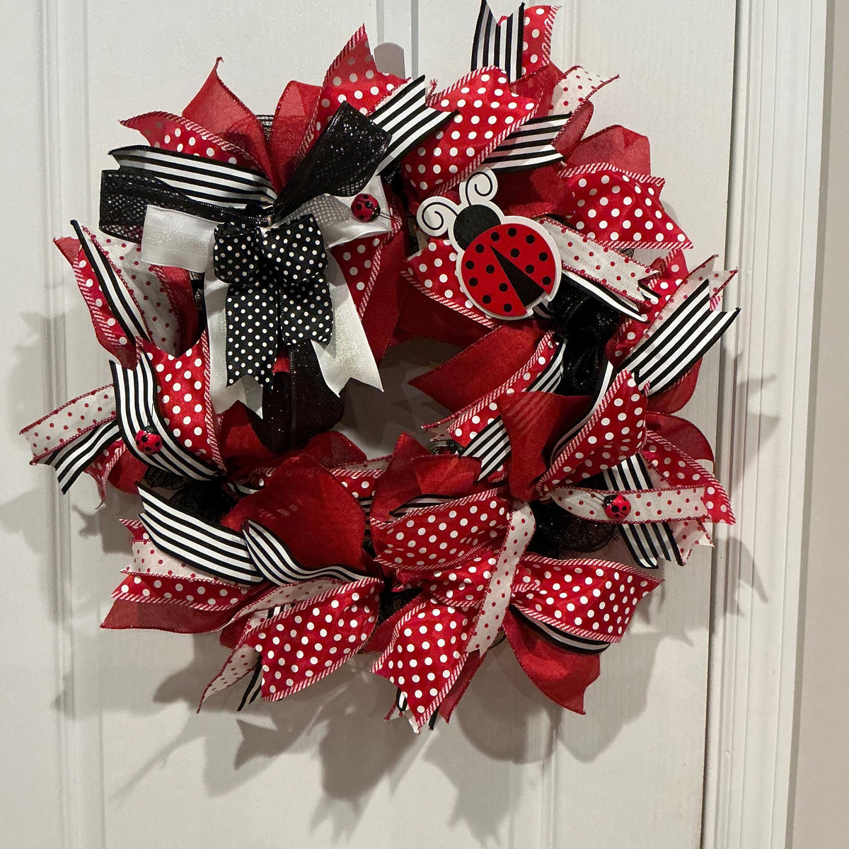 Handmade Ladybug Wreath, Red Black White Polka Dot Ribbon Door Decor, Wooden Ladybug Sign, Spring Summer Farmhouse Wreath, Entryway Gift"