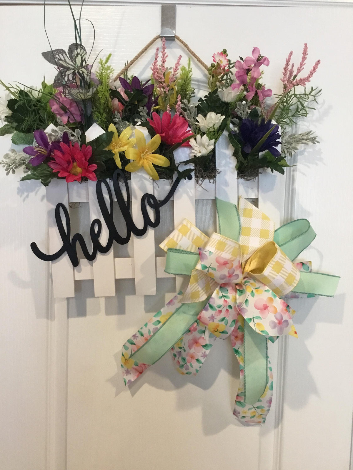 Hello Spring Picket Fence Door Hanger with Florals and Gingham Bow