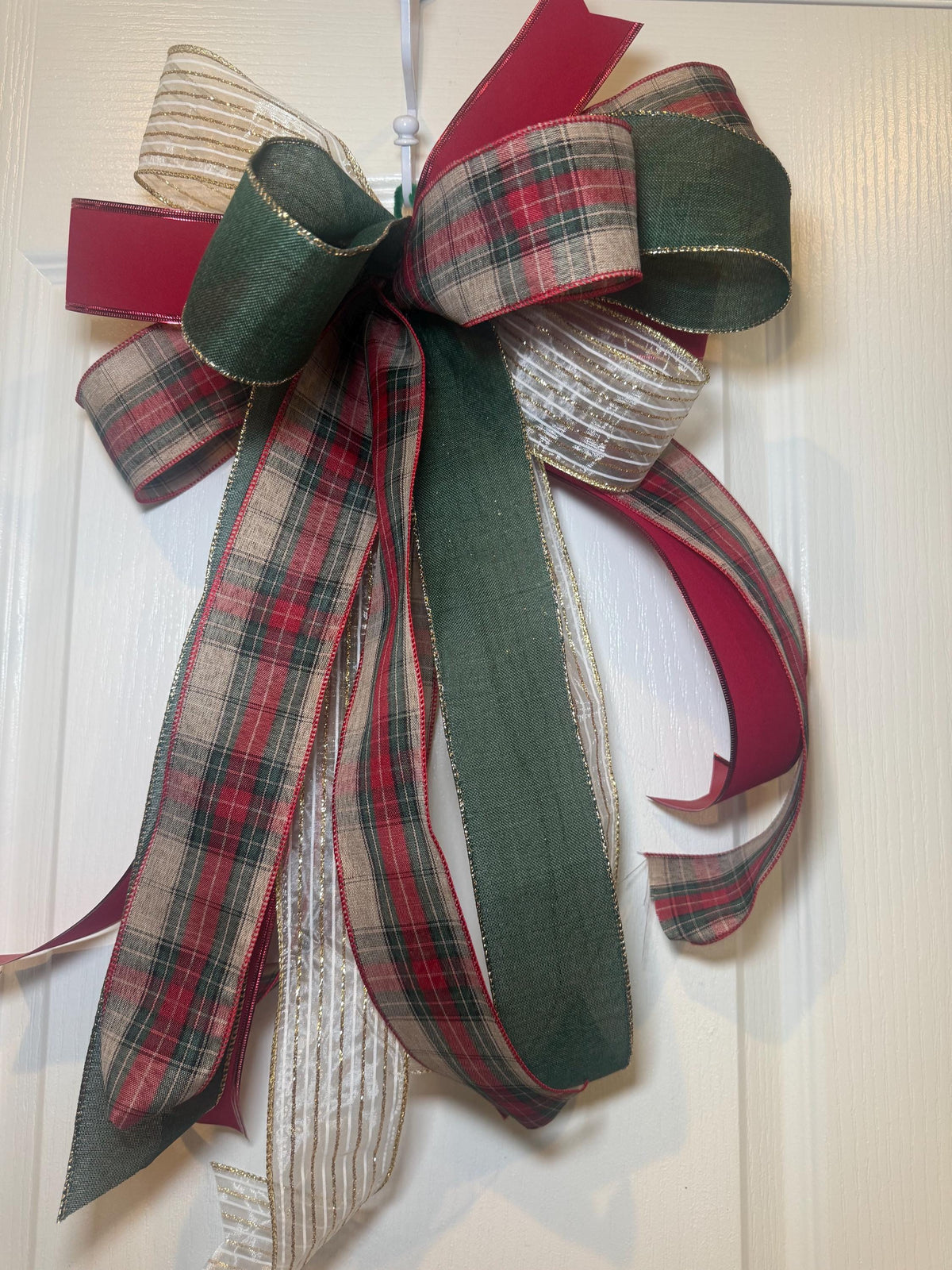 Handmade Designer Christmas Bow, Plaid, Red, Green, Gold Ribbon (13 Inch Wide)