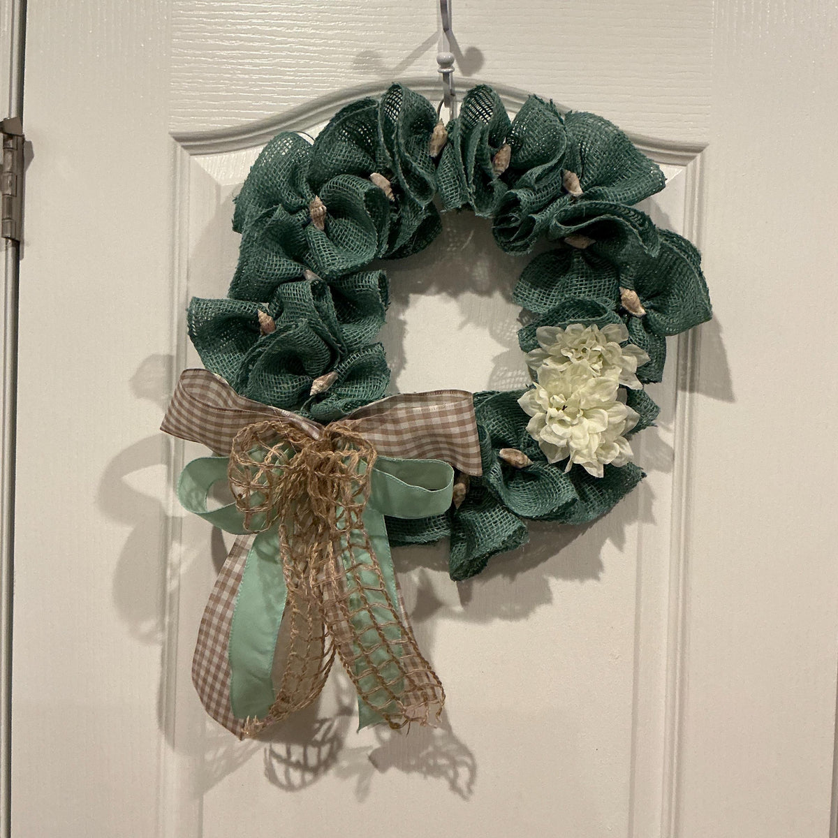 Teal Burlap Coastal Wreath with Dahlia, Seashells and Gingham Bow, Beach House Decor