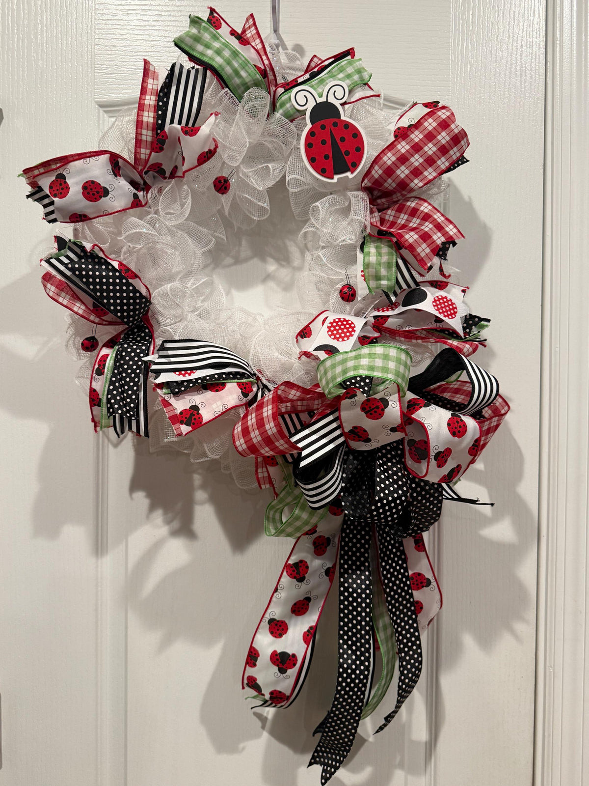 White base ladybug,door decor ,and handmade wreath