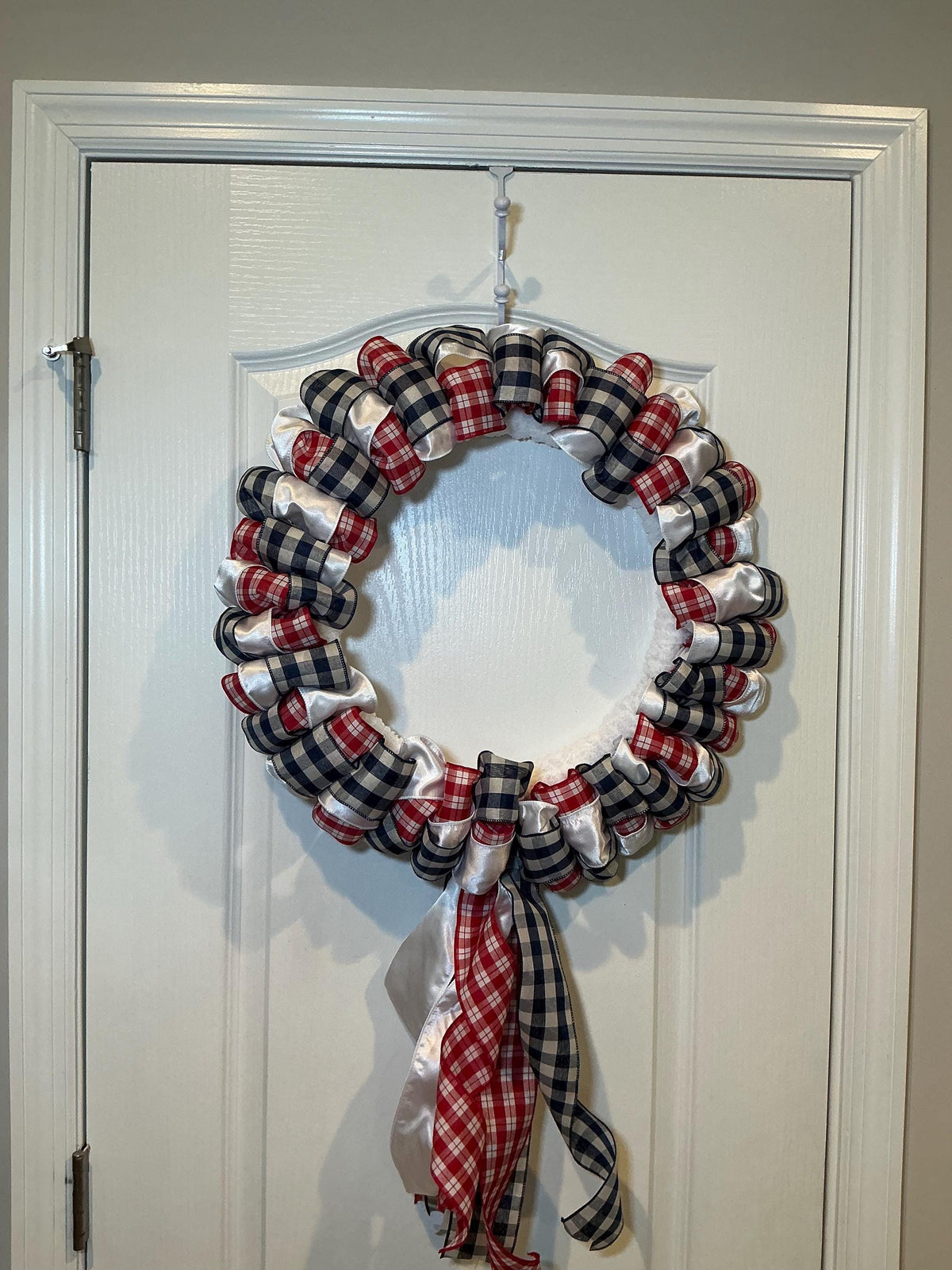 Buffalo Check Wreath, Red White Navy Ribbon Front Door Decor, Fourth of July Americana