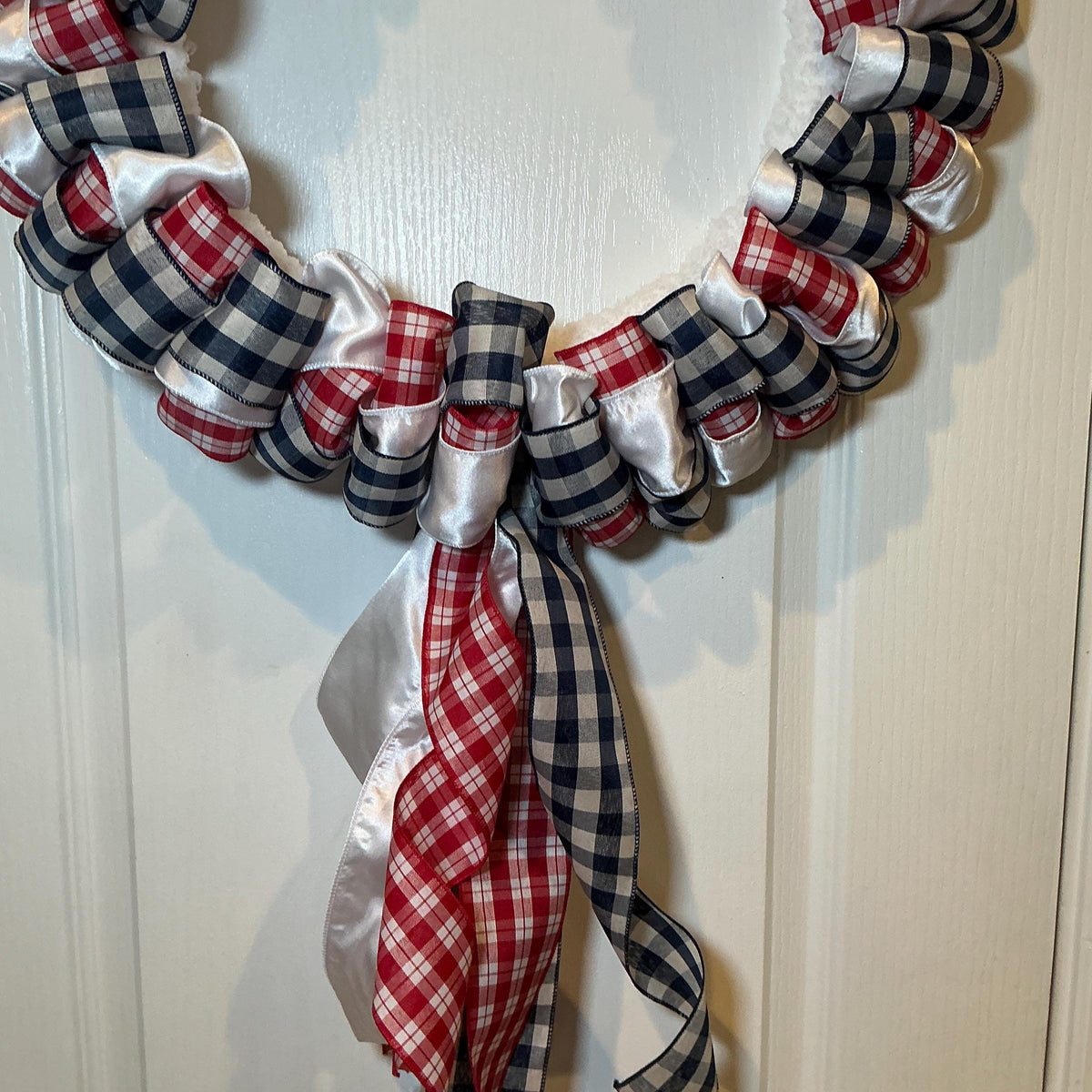 Buffalo Check Wreath, Red White Navy Ribbon Front Door Decor, Fourth of July Americana