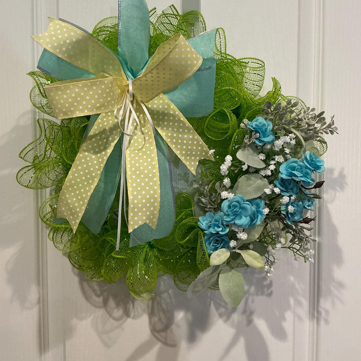 Blue Rose Front Door Wreath, Lime Green Farmhouse Decor, Floral Wreath, Handmade 12 Inch