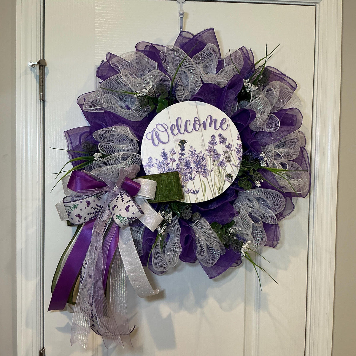 Lavender Wreath, Purple Bee Garden Decor, Designer Pearl Bow, Spring Front Door Wreath