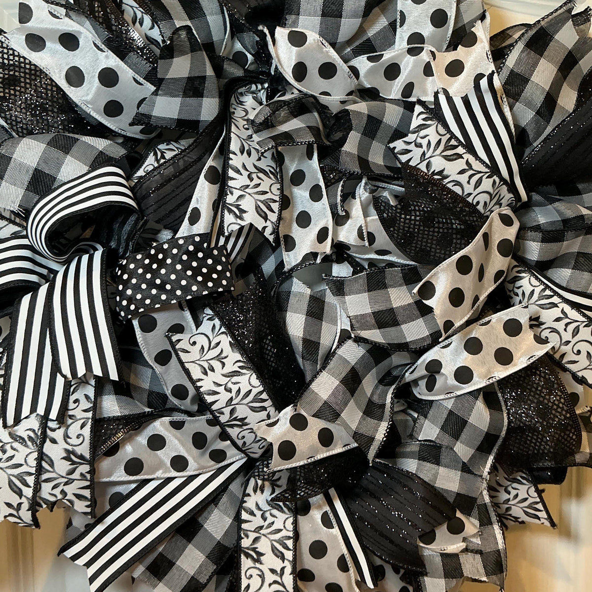 Polka Dot Ribbon Wreath, Black White Buffalo Check Farmhouse Decor, Year Round Front Door Wreath, Modern Handmade Gift