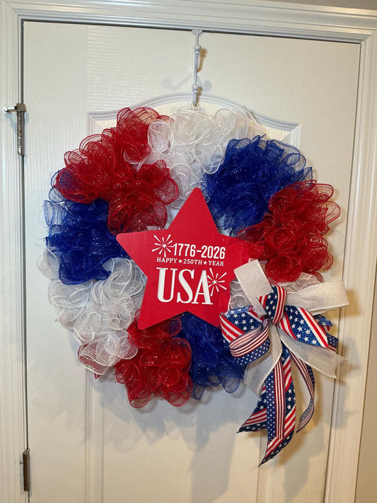 Handmade Americana Wreath, USA 250th Anniversary Decor, Red White Blue Patriotic Door Display