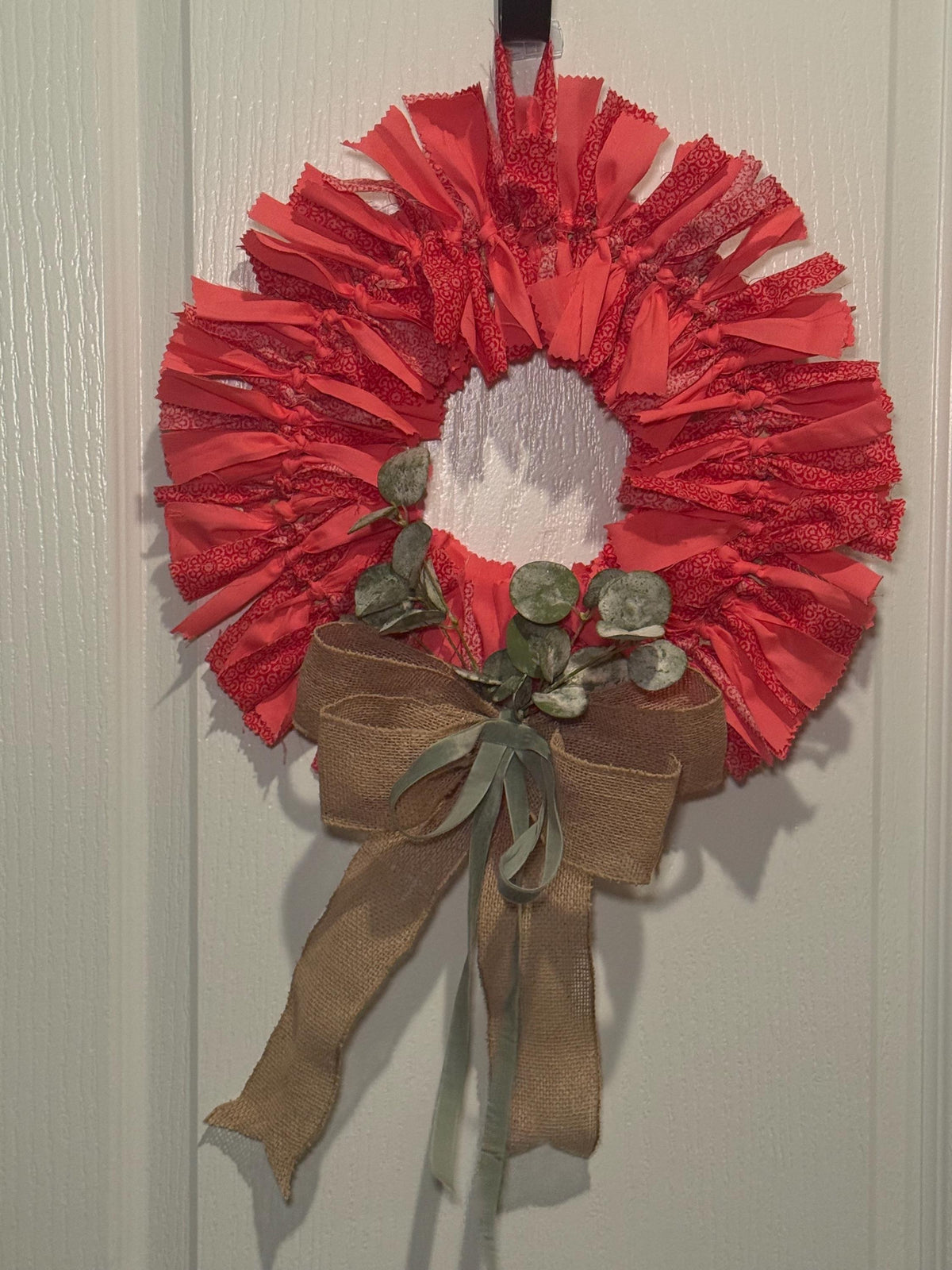 13 Inch Coral Red Fabric Rag Wreath with Burlap Bow, Rustic Farmhouse Door Decor