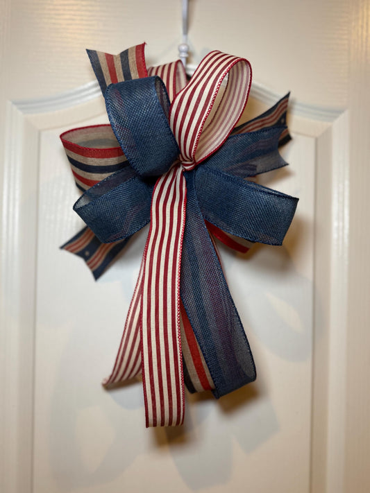 Patriotic Americana Bow, Red White Blue Wreath Decor, Lantern Topper
