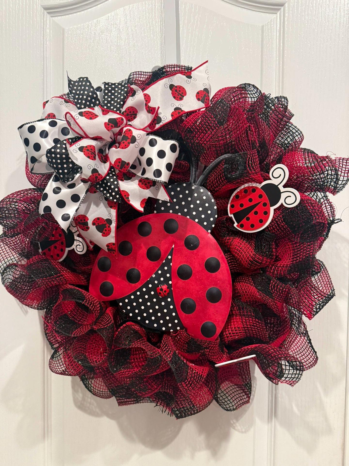 Ladybug Wreath, Red Black Buffalo Plaid, Front Door Whimsical Decor, Handmade Spring Wreath