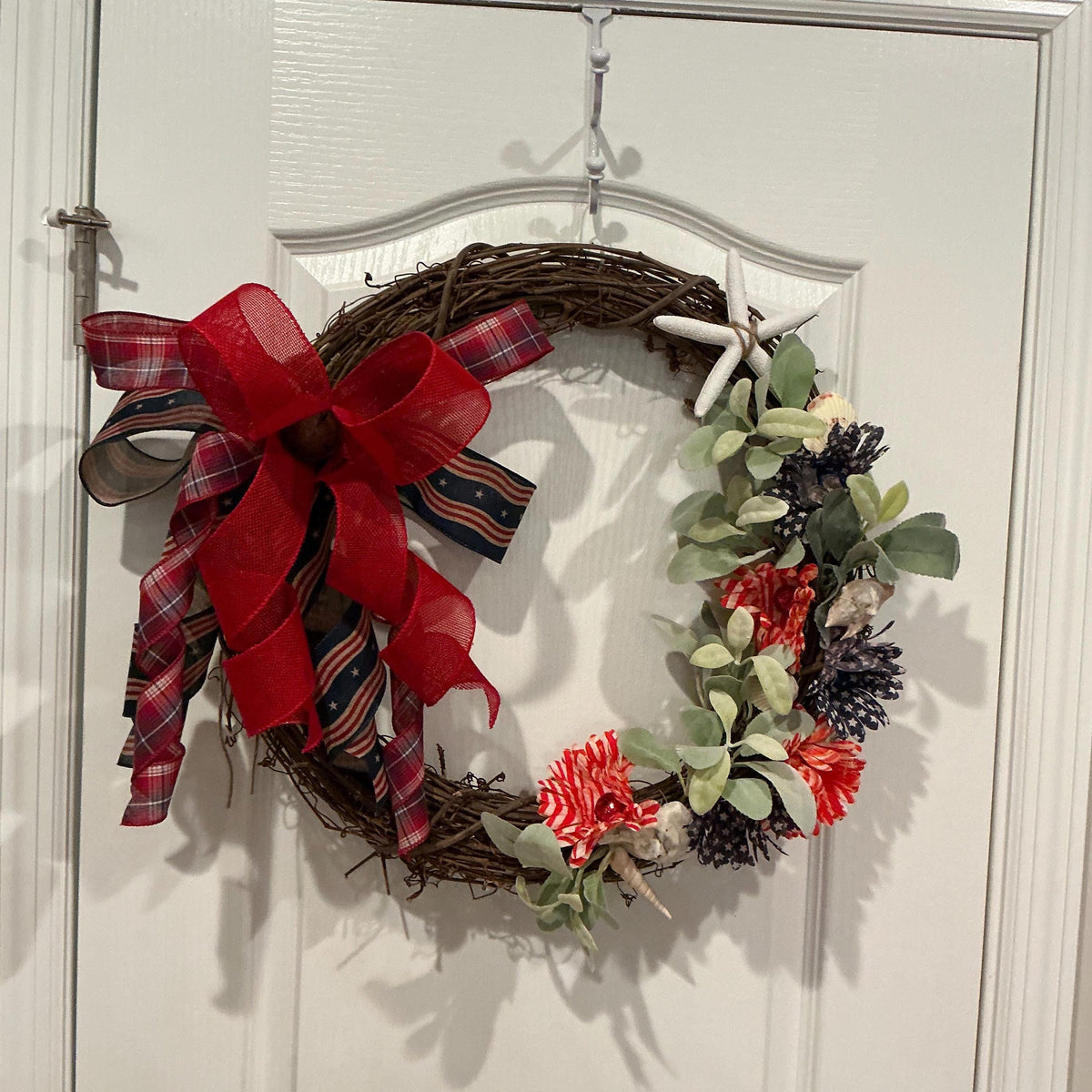 Grapevine Wreath, Patriotic Coastal Beach Decor, Seashells, Red Plaid Bow