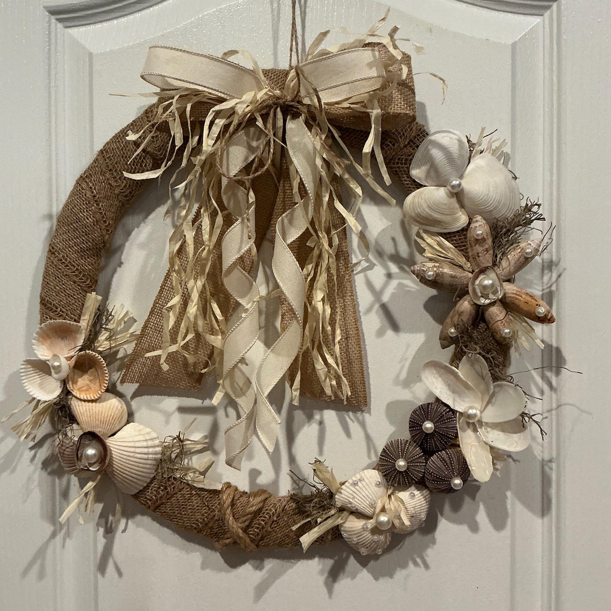 Seashell Wreath, Coastal Farmhouse Style, Pearl Accents, Burlap Raffia Door Decor