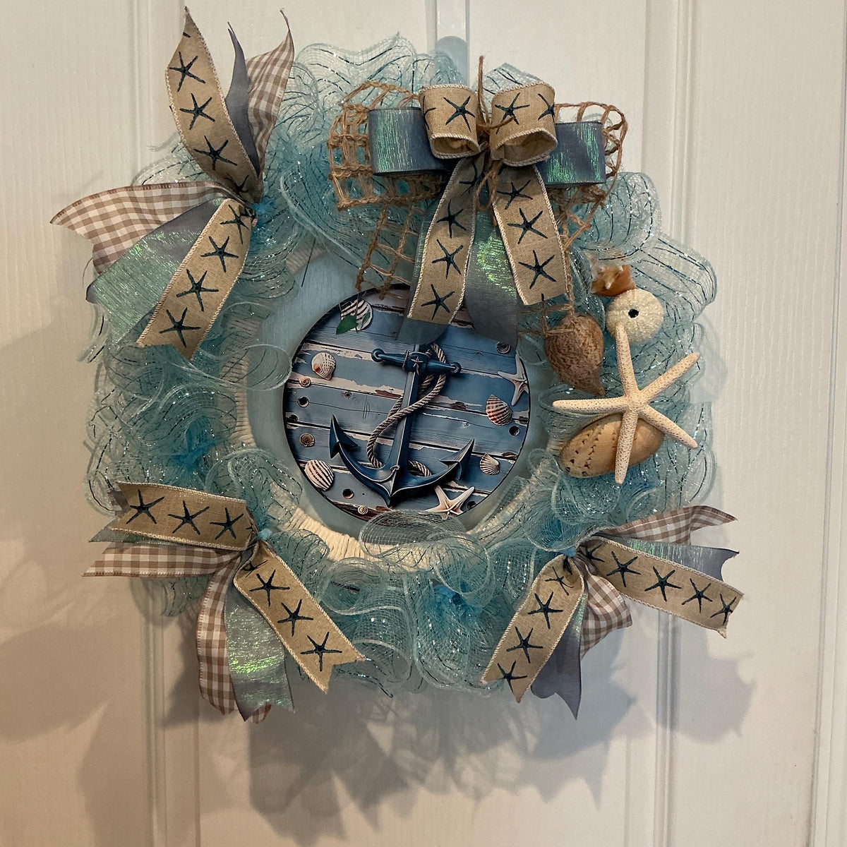 Ocean Blue Coastal Seashell Wreath with Starfish and Rope, Summer Front Door Decor