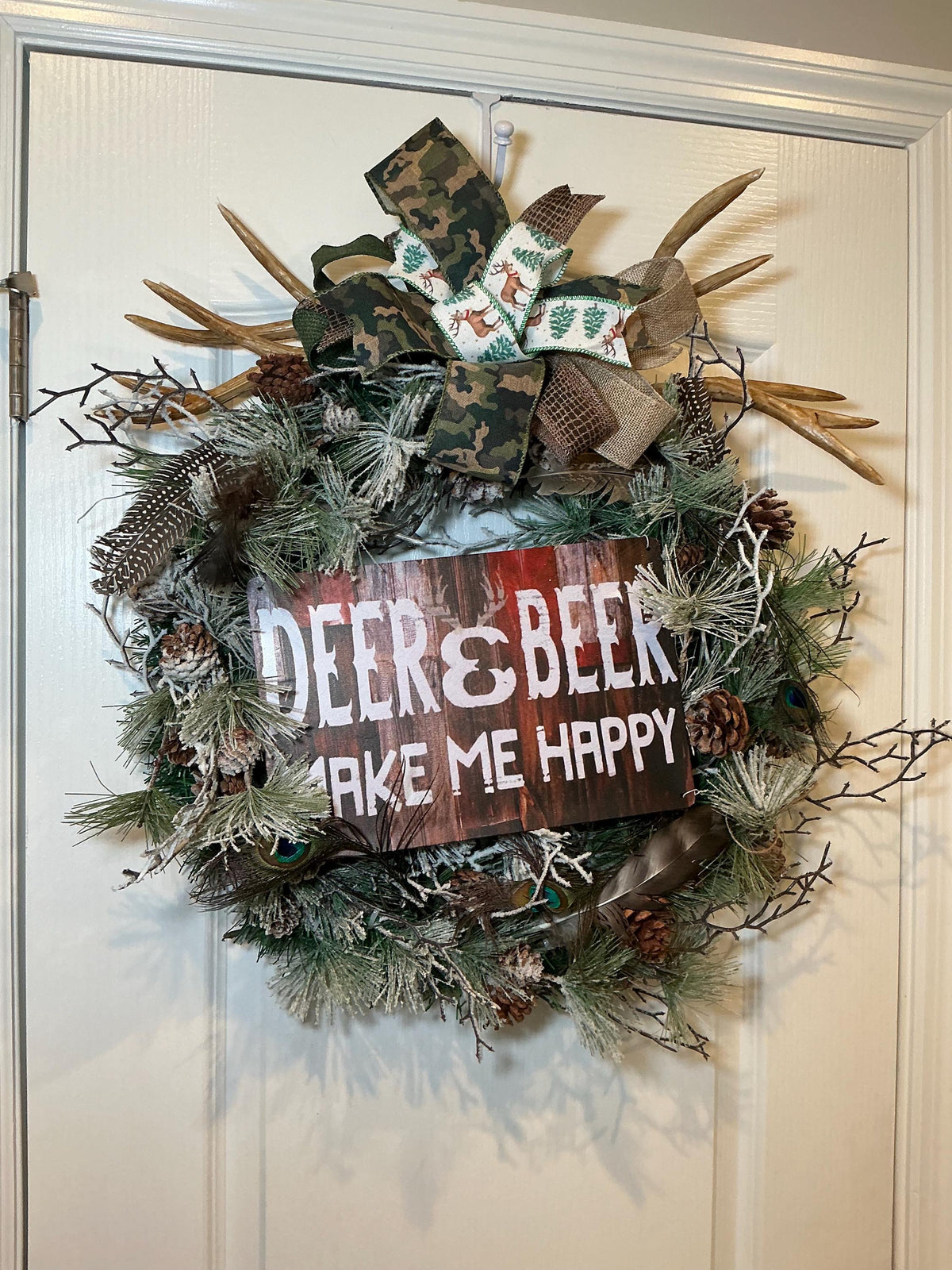 Deer and Beer Camo Wreath with Antlers, Hunter Man Cave Decor, Fathers Day Gift