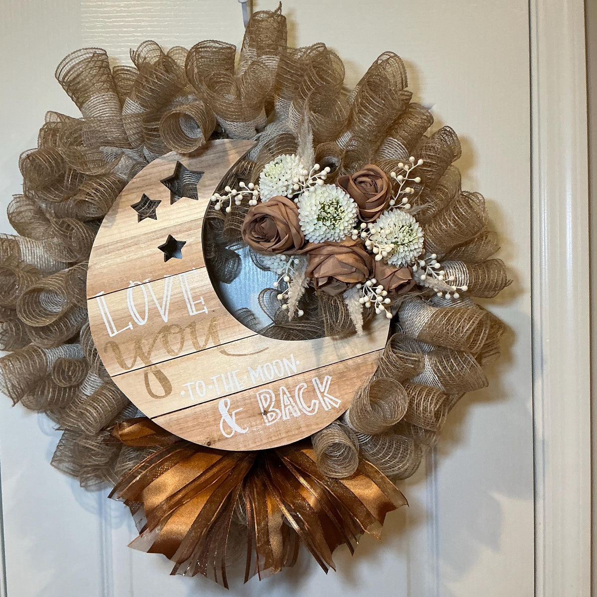Love You to the Moon Wreath, Farmhouse Front Door Wreath, Burlap Wreath, Caramel Rose Wreath, Wood Moon Sign, Romantic Home Decor