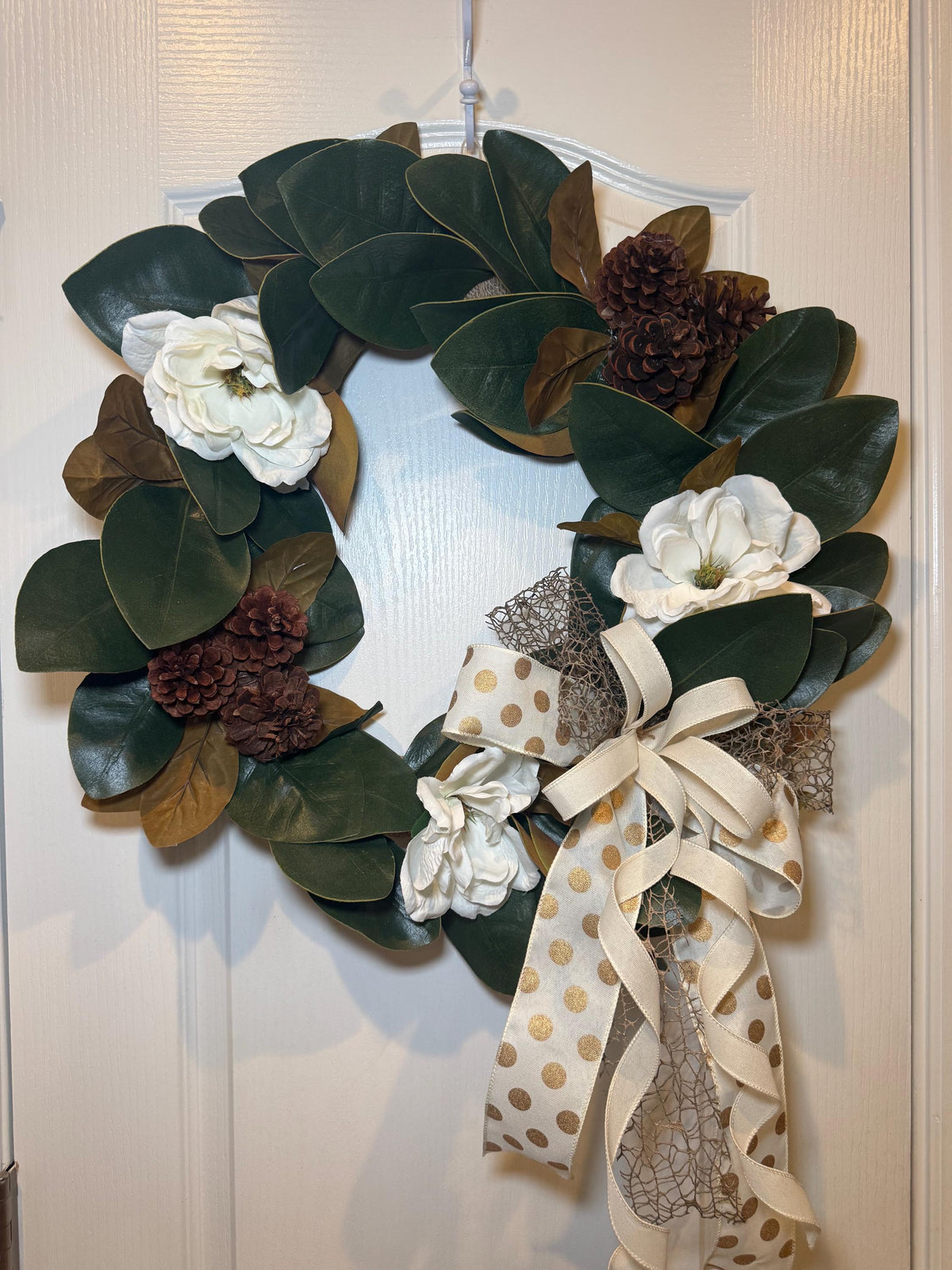 Magnolia Farmhouse Wreath, Everyday Front Door Decor, White Floral Pinecone Wreath, Rustic Year Round Accent, 18 Inch Door Wreath