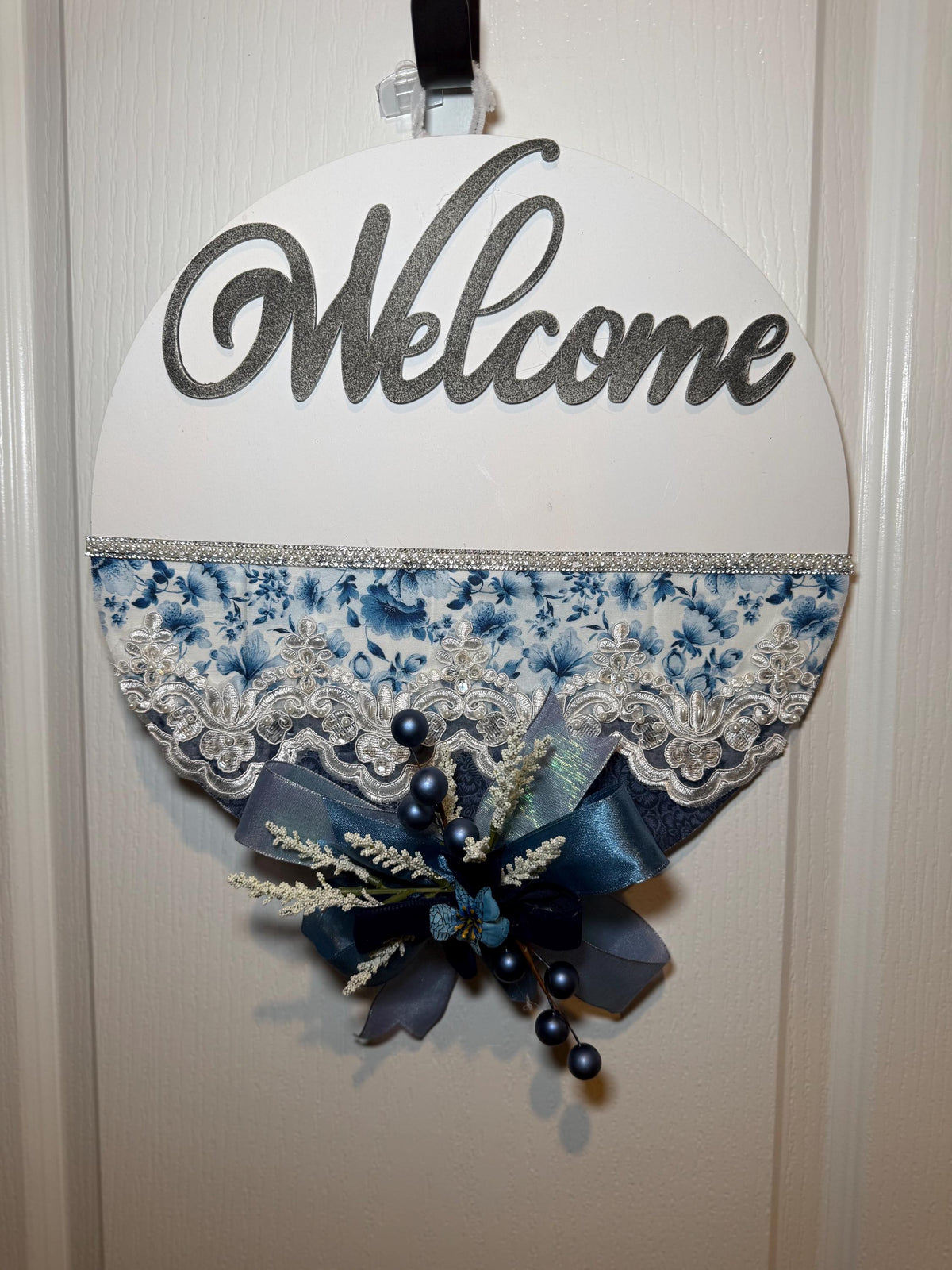 French Country Door Hanger with Blue Welcome Sign and Chinoiserie Florals
