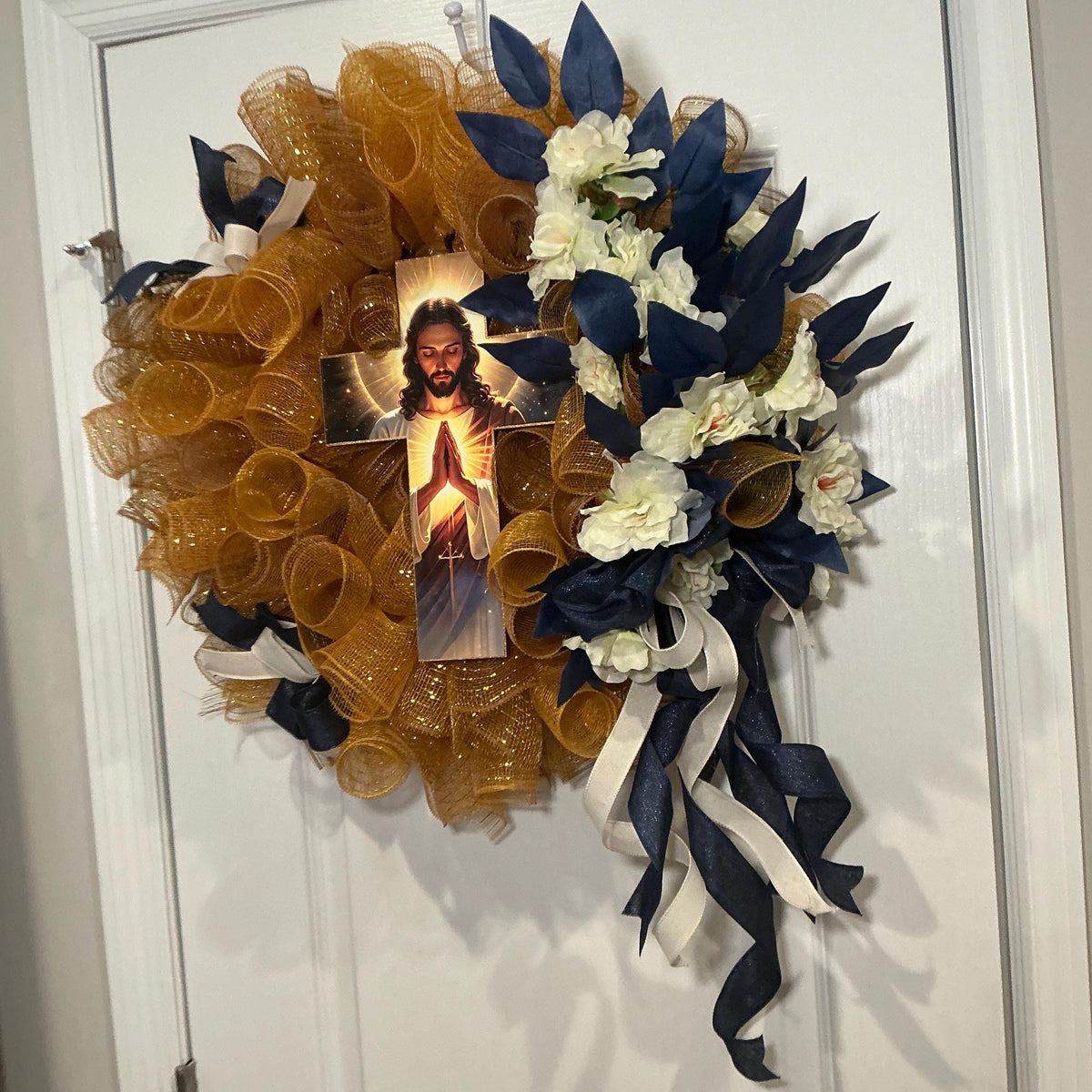 Sacred Heart of Jesus Wreath, Gold Mesh Cross Wreath, Navy Blue Religious Front Door Decor, Christian Faith Wreath, Catholic Gift Wreath