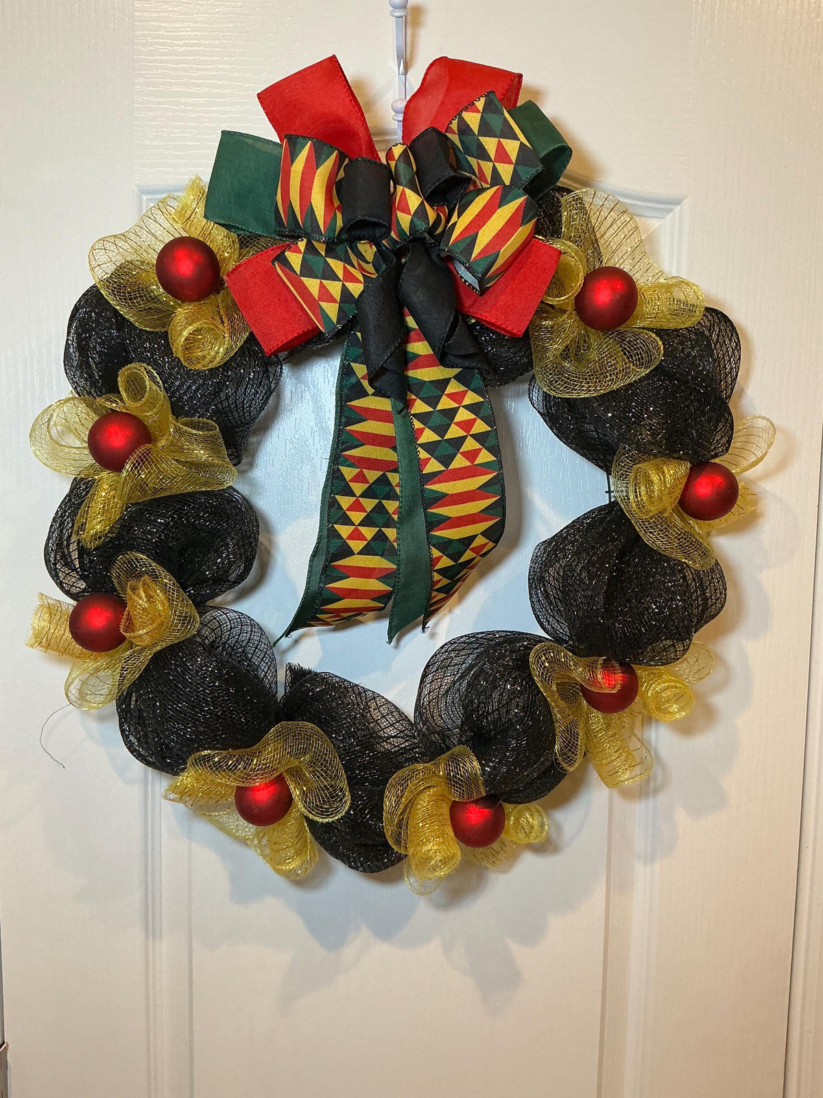 Juneteenth Wreath Black Gold Deco Mesh, Kente Print Bow Wreath, African American Door Wreath, Juneteenth Decor, Handmade Freedom Day Wreath