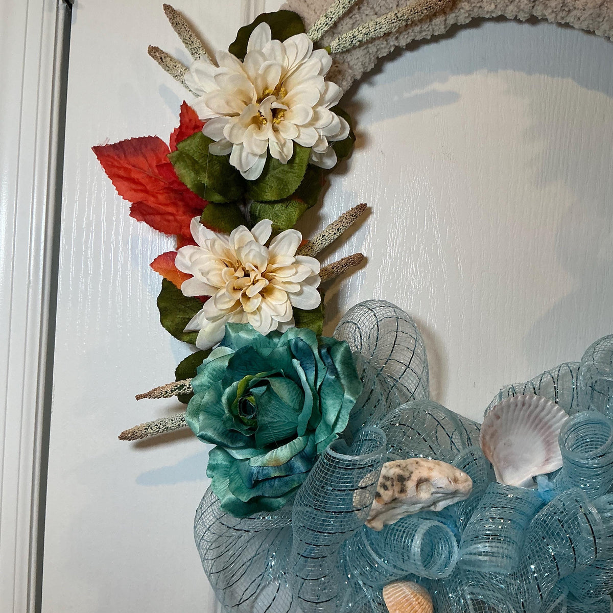 Coastal Fall Wreath, 18 Inch Ocean Blue Mesh Seashells and Rust Leaves