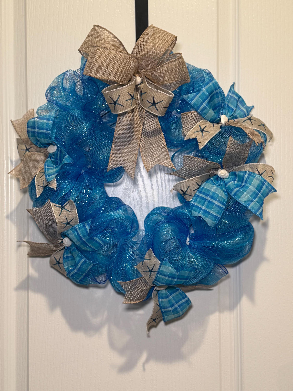 Blue Plaid Burlap Coastal Wreath, Starfish Beach Decor, Nautical Door Accent