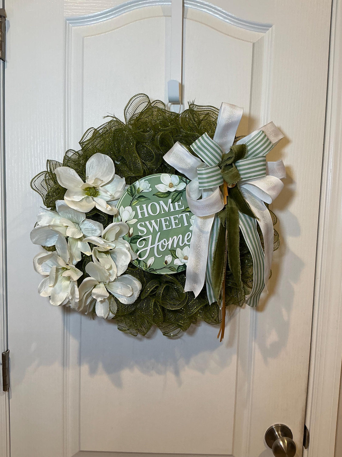 14 Inch White Magnolia Home Sweet Home Wreath, Farmhouse Front Door Decor