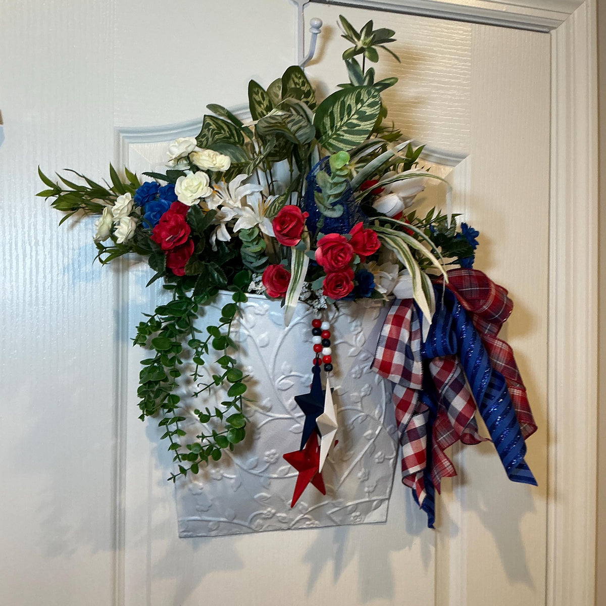 Wall Pocket Basket, Fourth of July Metal Planter, Red White Blue Floral Patriotic Front Door Decor