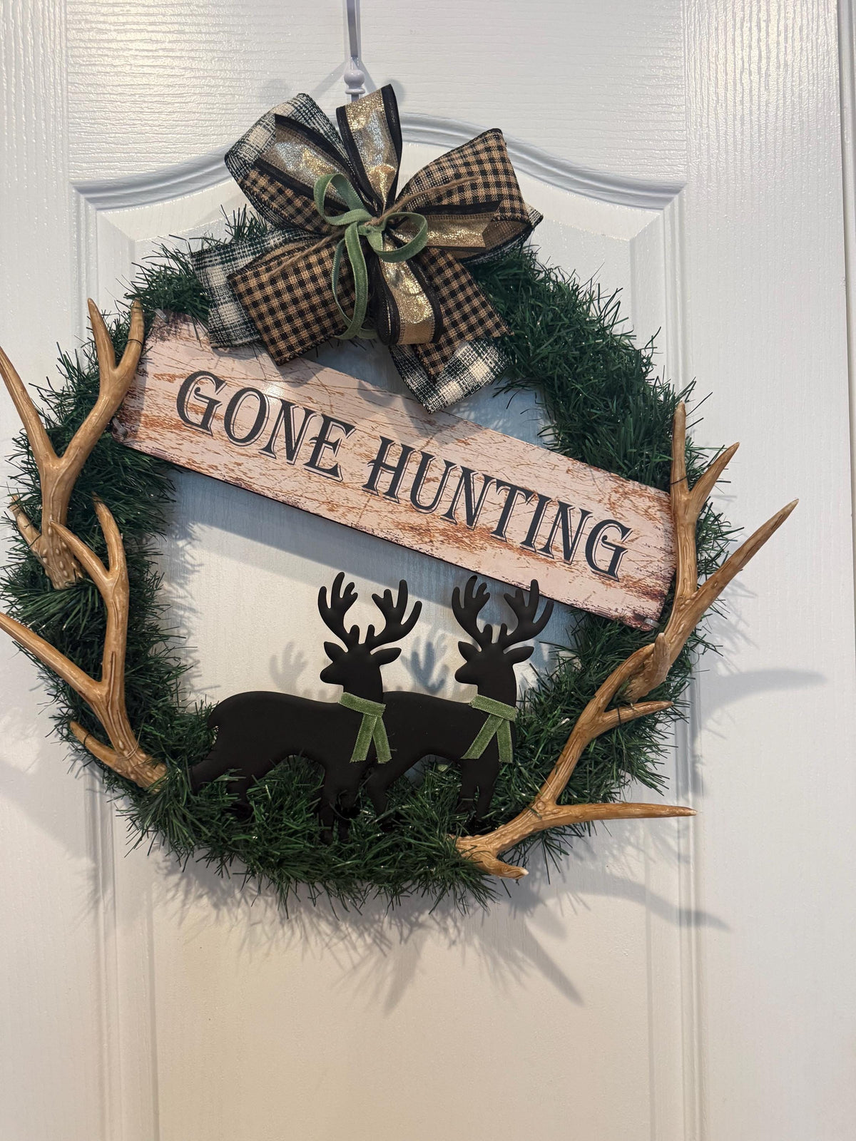 Gone Hunting Sign Wreath, Buck Silhouette Deer Man Cave Decor, Rustic Father’s Day Antler Gift