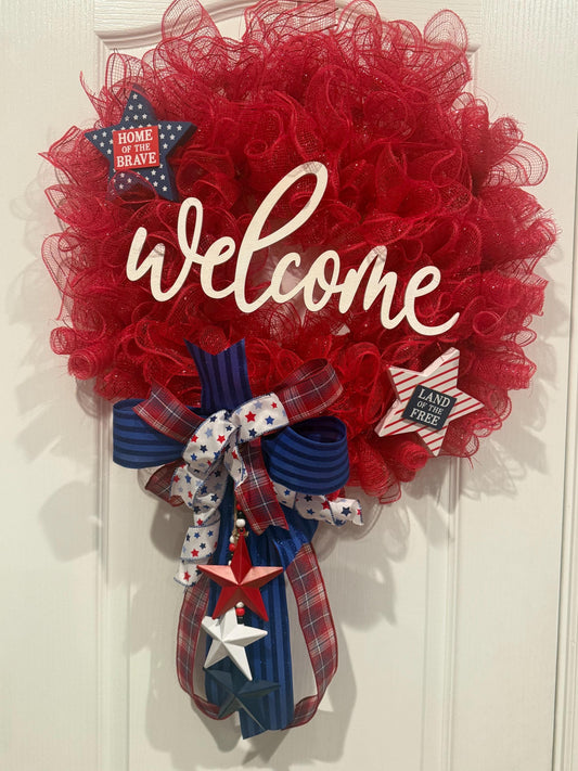 Deco Mesh Welcome Wreath, Home of the Brave Star Decor, Red White Blue Front Door, Land of the Free, Fourth of July Handmade NC