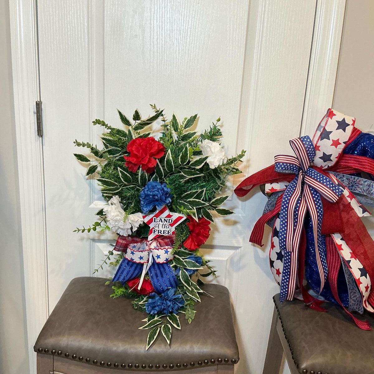 Americana Bundle Set of 2, Land of the Free Americana Swag and Blue Star Wreath, Fourth of July Decor, Red White Blue Handmade Gift