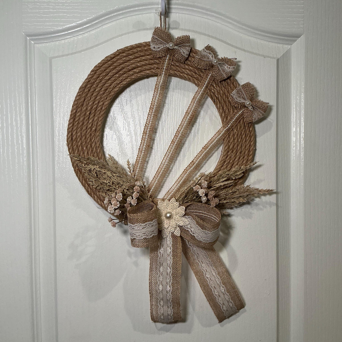 Farmhouse Rope Wreath with Burlap Lace Bow, Dried Wheat and Pearl Accent