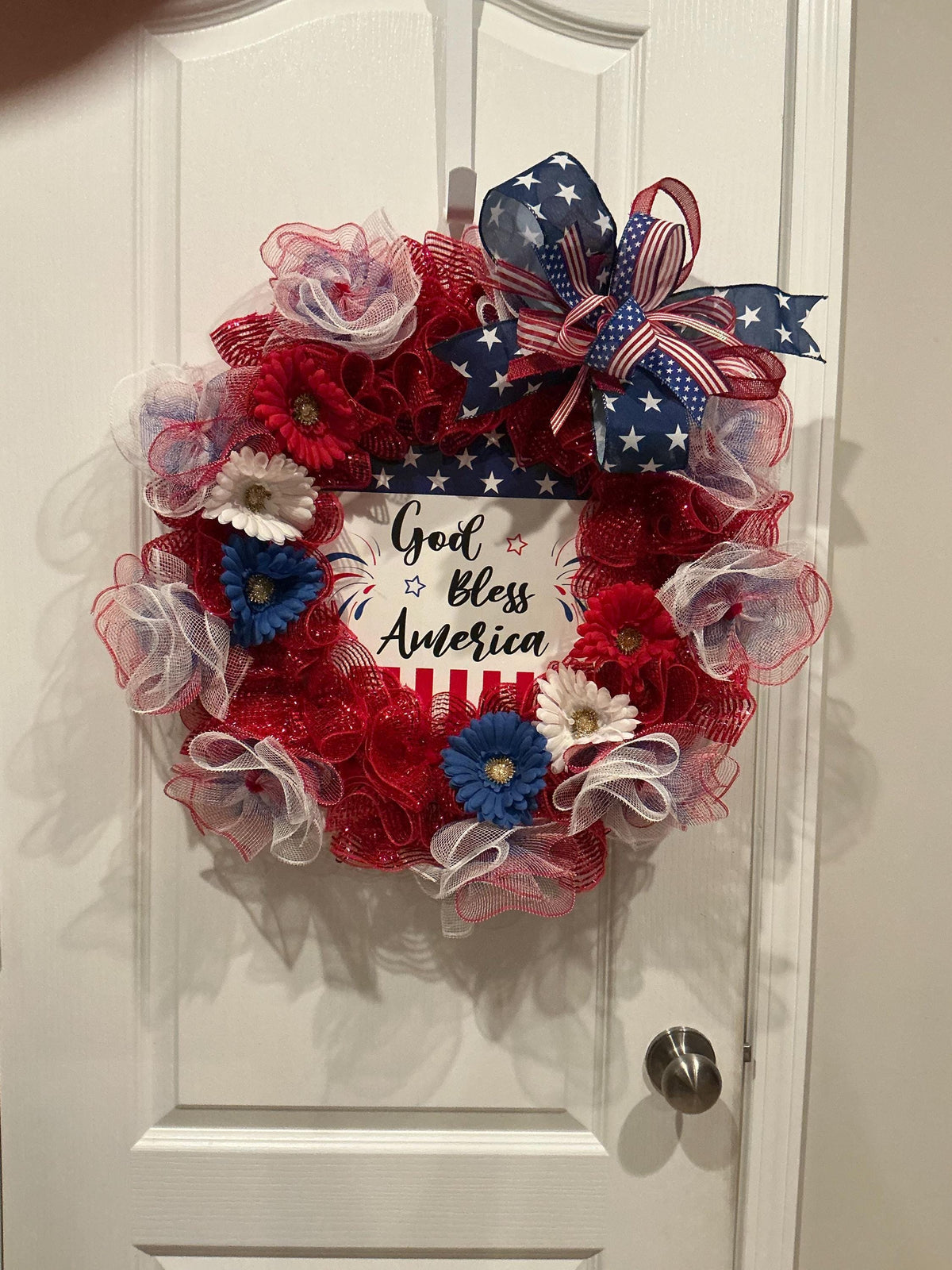 Americana Wreath, God Bless America, Red White Blue Gerber Daisies, 18 Inch Home Decor