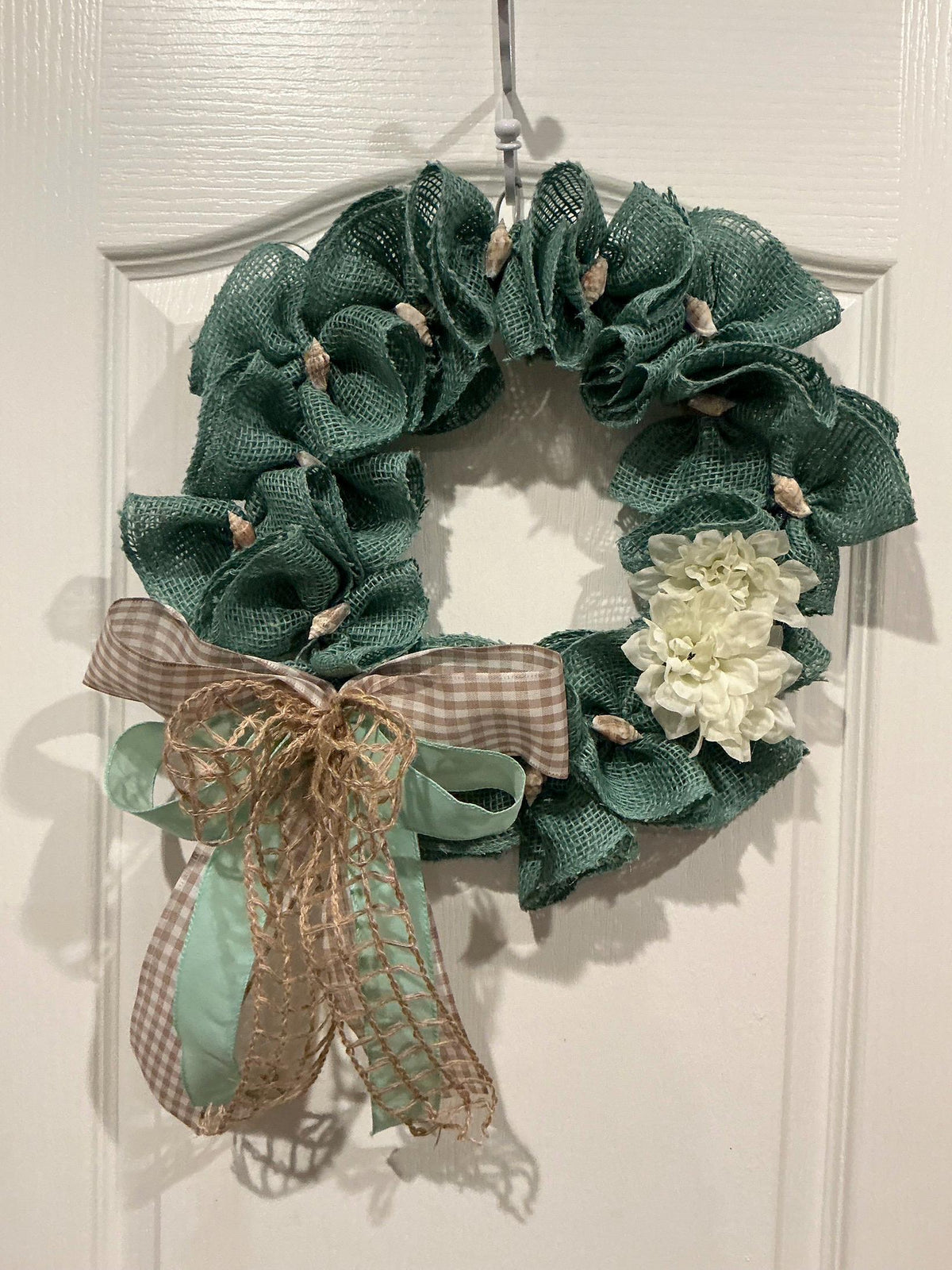 Teal Burlap Coastal Wreath with Dahlia, Seashells and Gingham Bow, Beach House Decor