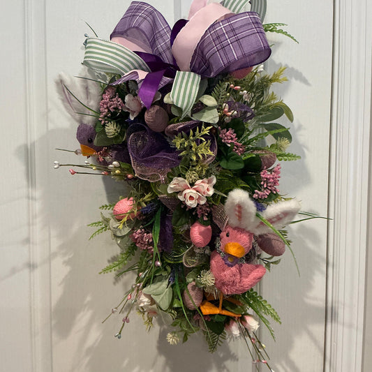 Easter Chick Bunny Swag, Pink Purple Floral Spring Wreath, 21 Inch Handmade Decoration