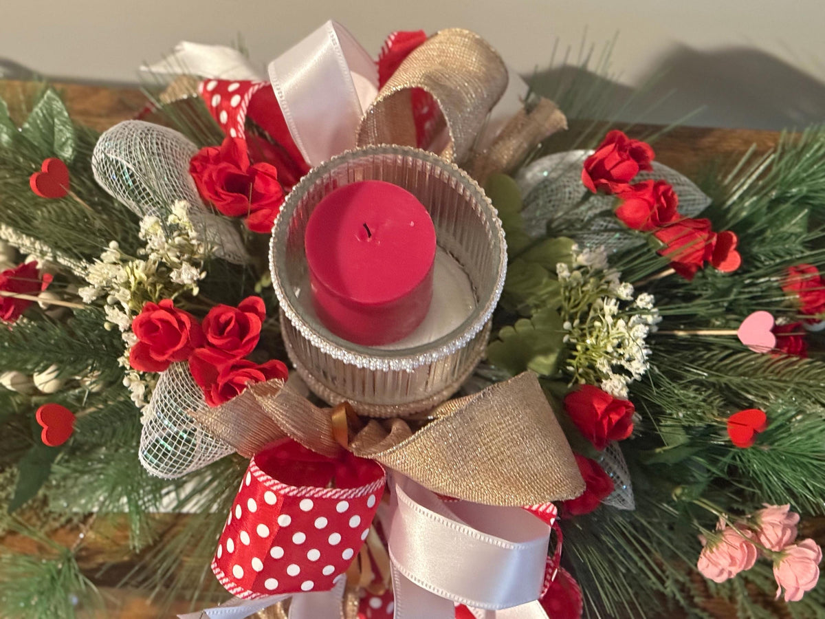 Floral Valentine Candle Centerpiece, Red Polka Dot Bow, Farmhouse Table Decor