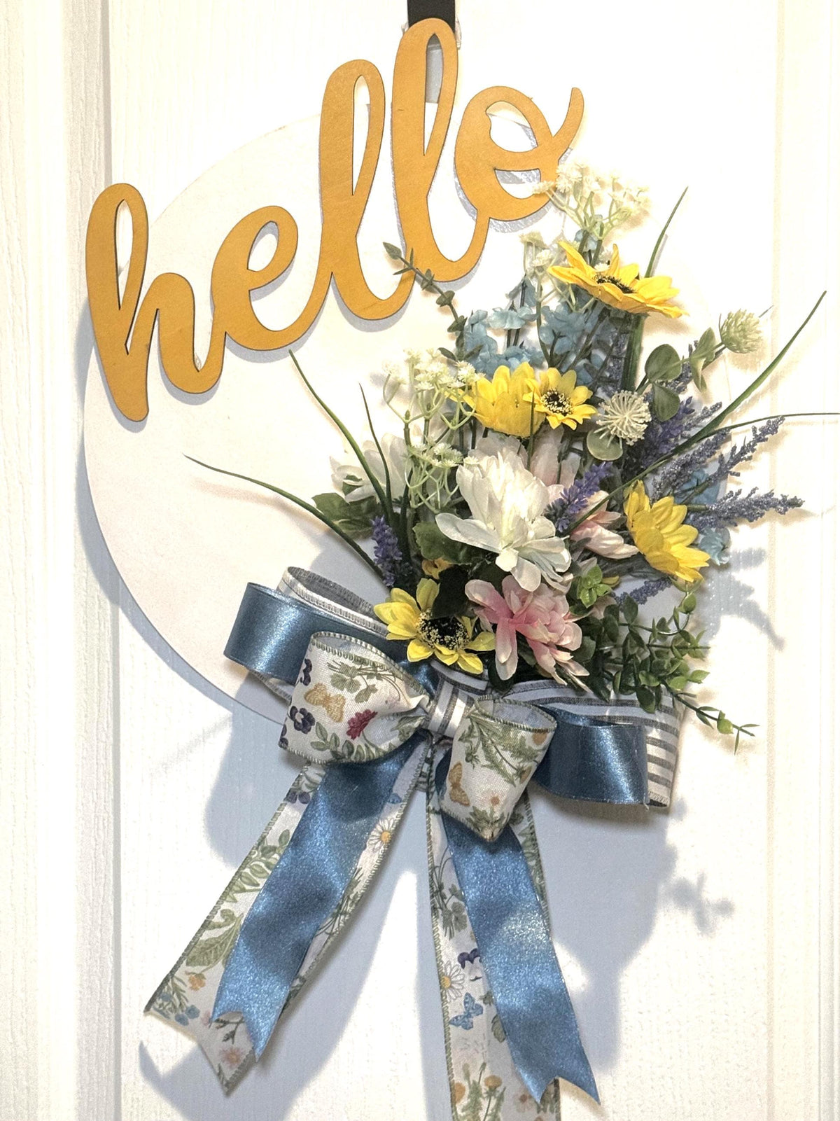 Blue Yellow White Hello Spring Floral Wreath with Handmade Bow, Front Door Decor