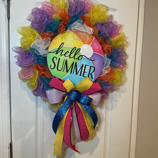 Hello Beach Ball Wreath, Colorful Summer Front Door Decor, Home Decor Gift
