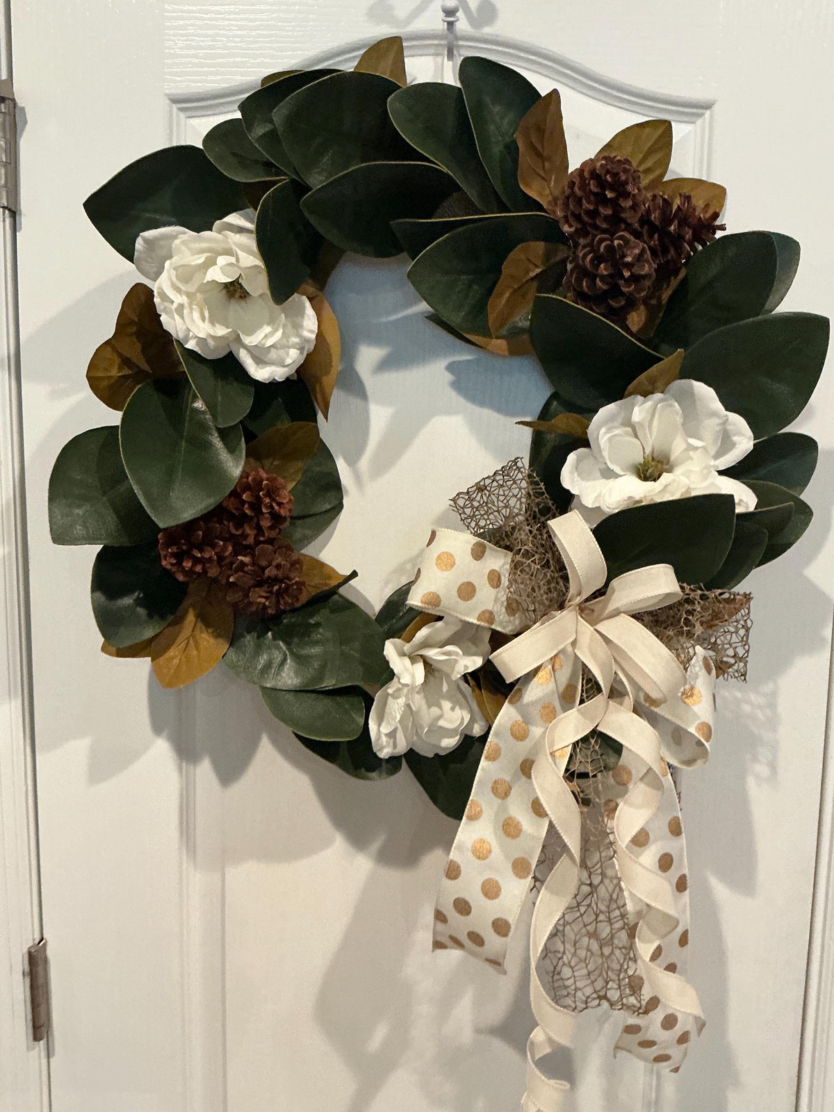 Magnolia Farmhouse Wreath, Everyday Front Door Decor, White Floral Pinecone Wreath, Rustic Year Round Accent, 18 Inch Door Wreath