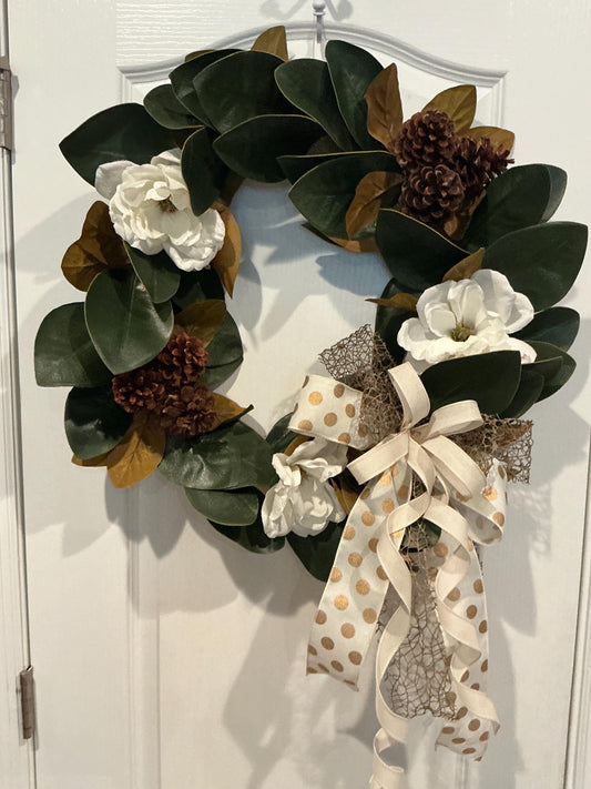 Magnolia Farmhouse Wreath, Everyday Front Door Decor, White Floral Pinecone Wreath, Rustic Year Round Accent, 18 Inch Door Wreath