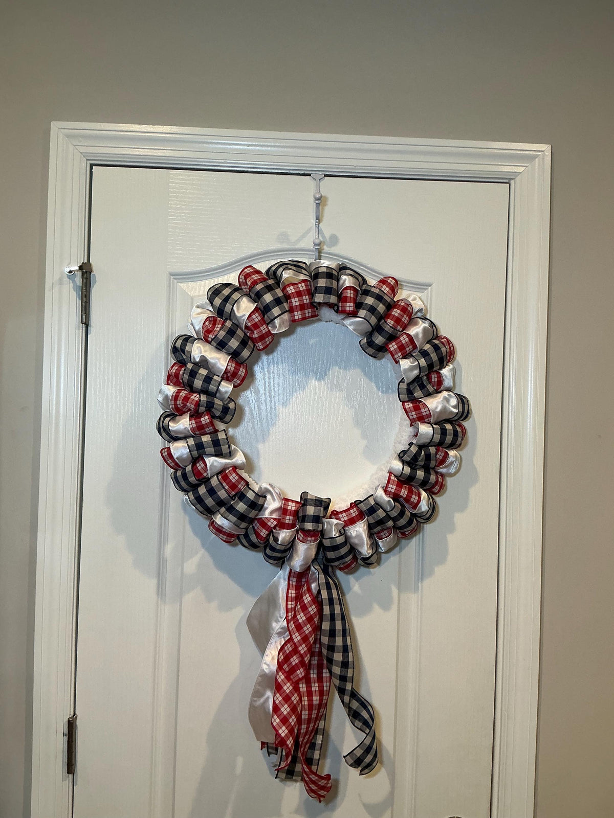 Buffalo Check Wreath, Red White Navy Ribbon Front Door Decor, Fourth of July Americana