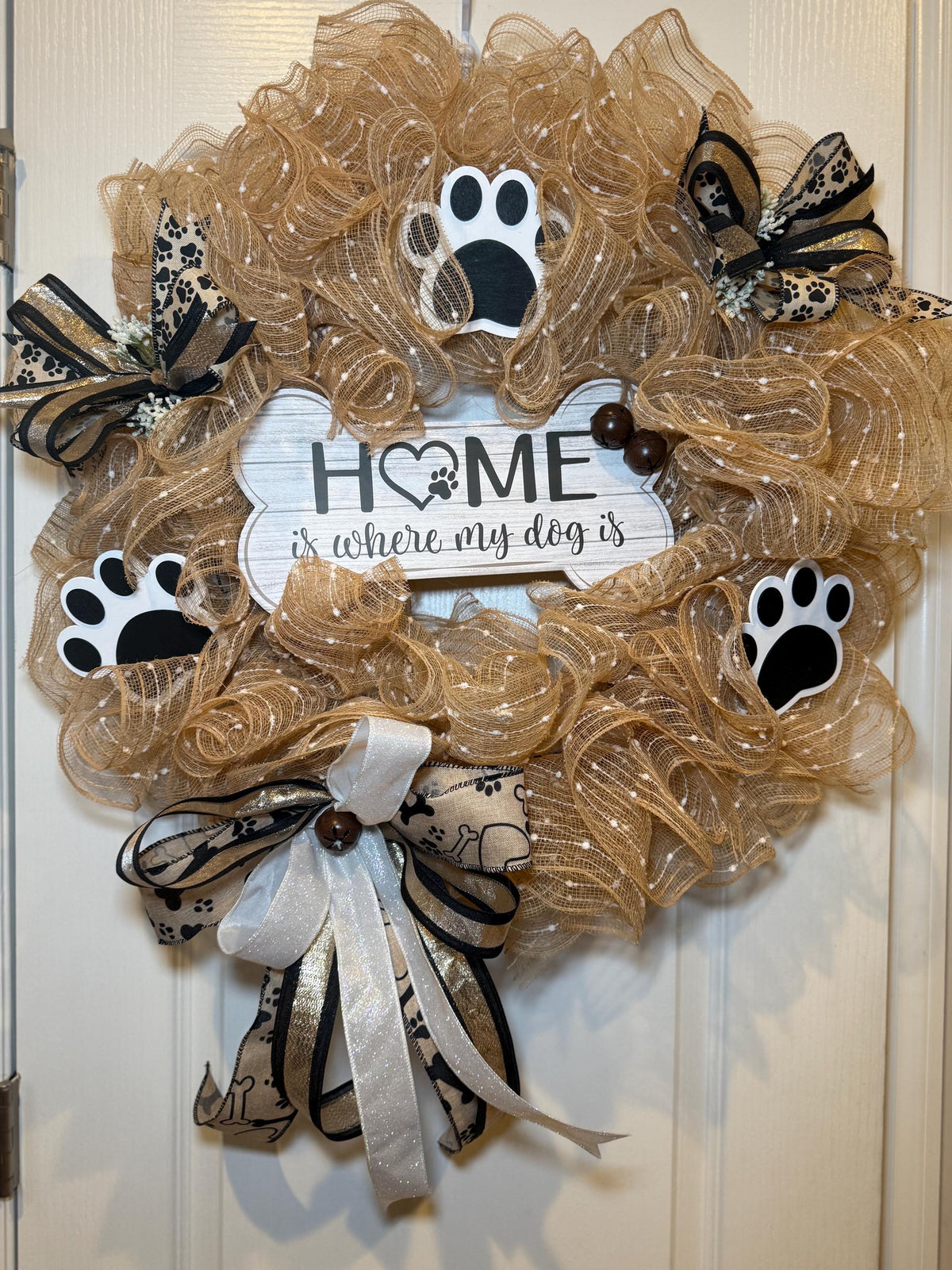 Home Is Where My Dog Is Wreath with Paw Prints, Farmhouse Dog Mom Door Decor